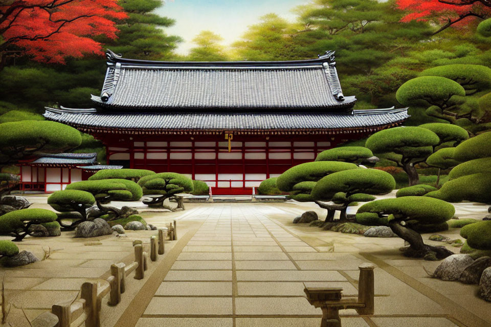 Tranquil Japanese garden with stone pathway and temple in autumn.