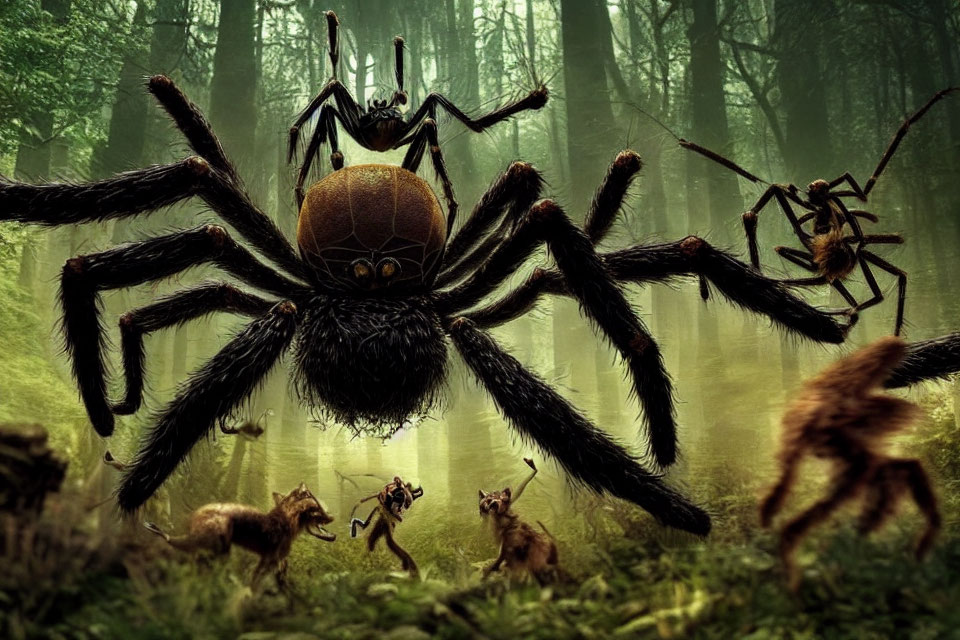 Fantastical scene: Oversized spiders and small humanoid figures in misty forest