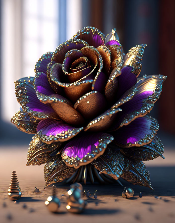 Metallic rose with purple and gold hues on wooden surface