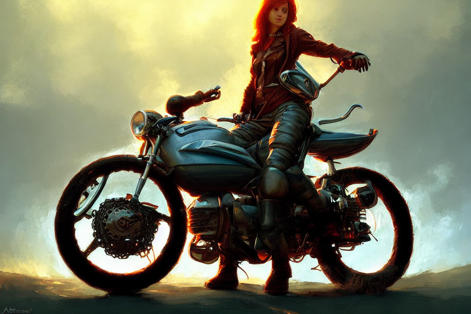 Red-Haired Woman Poses on Classic Motorcycle at Dusk