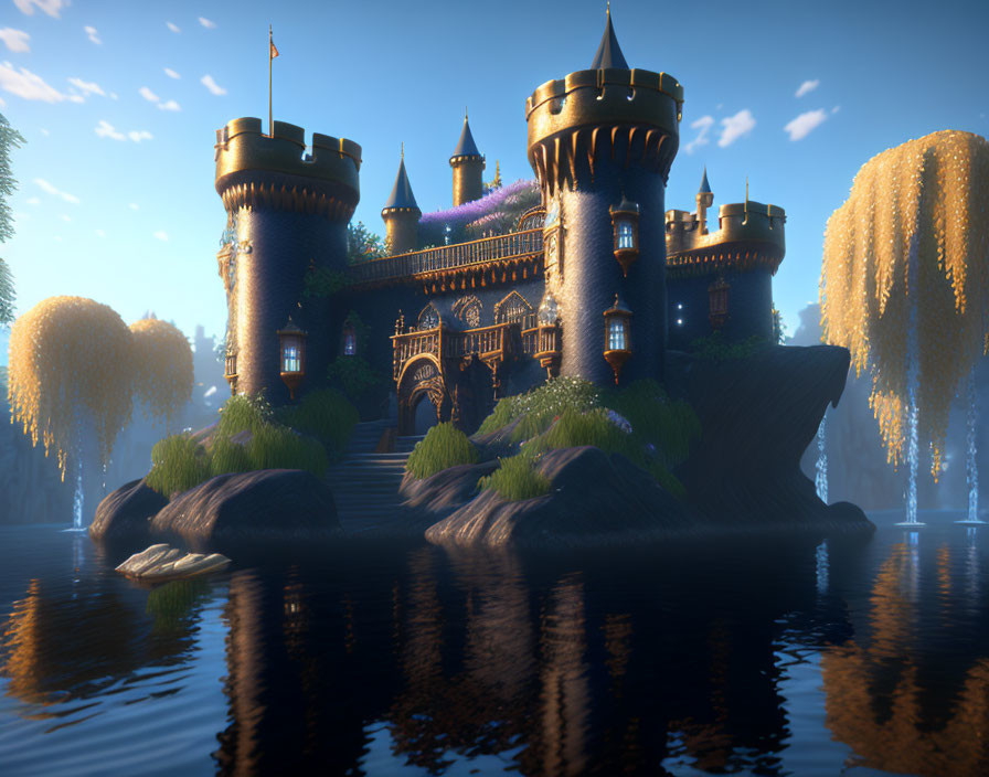 Digital fantasy castle with turrets in sunset reflection, surrounded by water and lush greenery