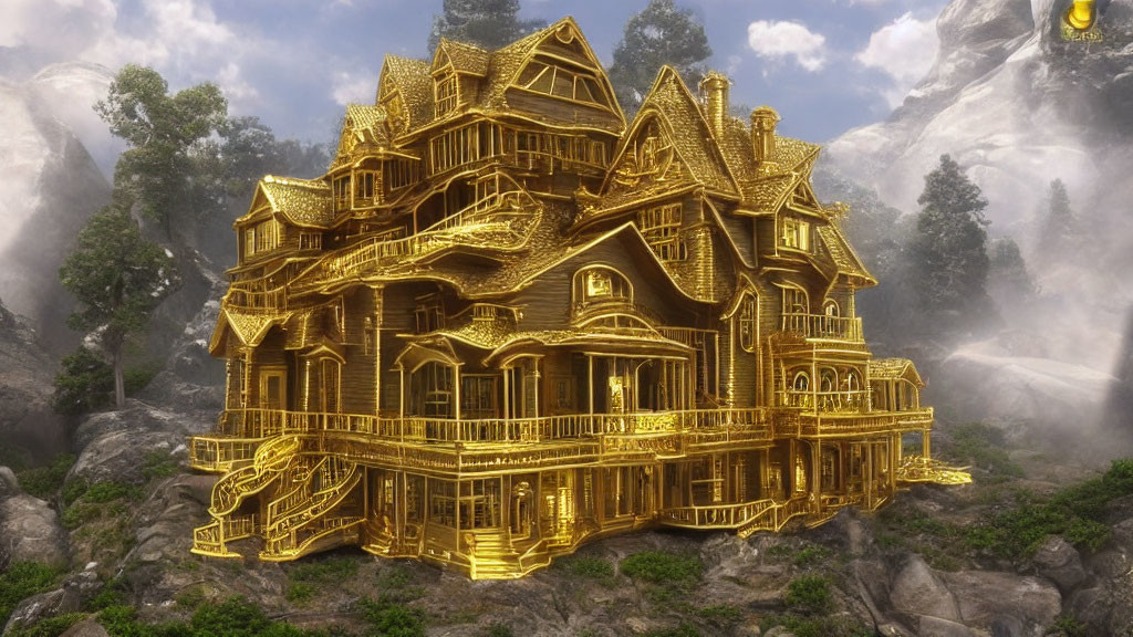 Golden Ornate House Amid Misty Mountains and Rocks