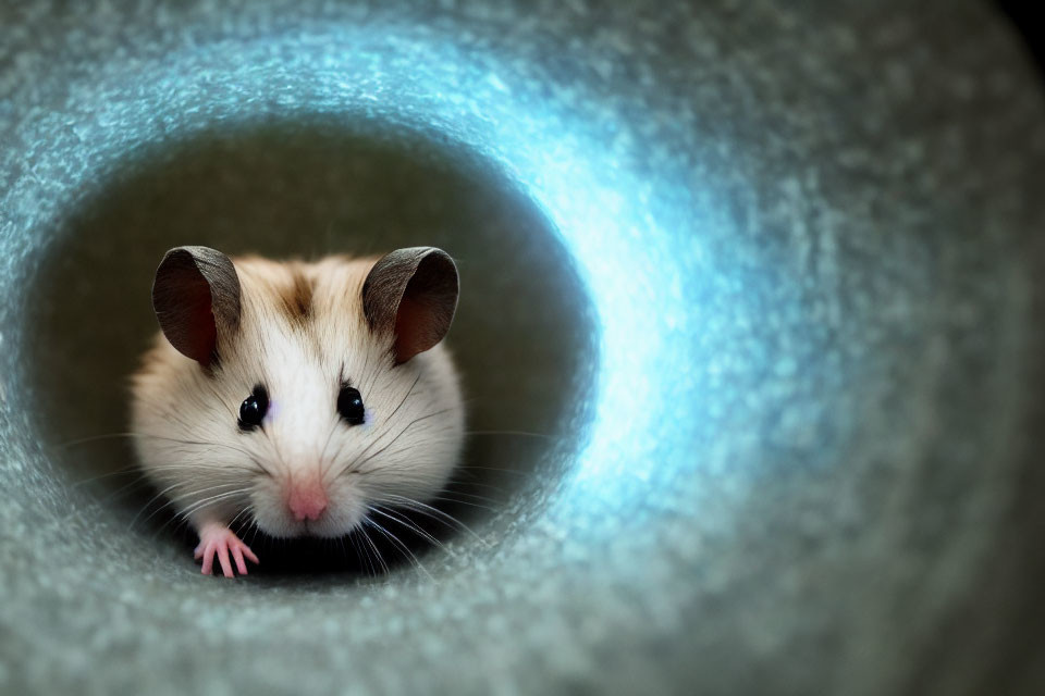 Curious Mouse in Circular Tube with Soft Blue Glow