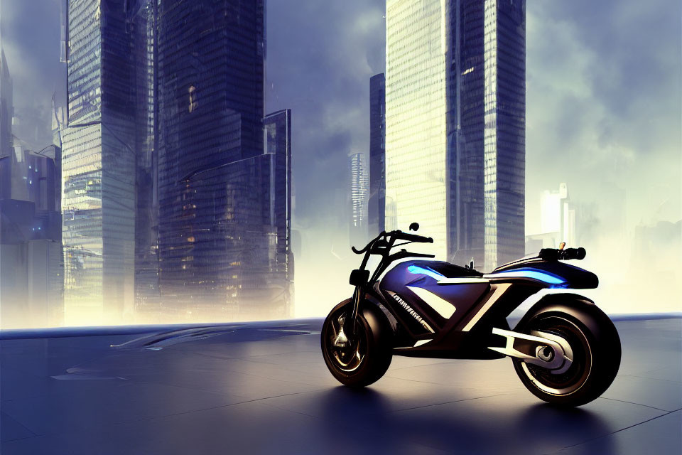 Modern Electric Motorcycle in Urban Plaza with Futuristic Buildings