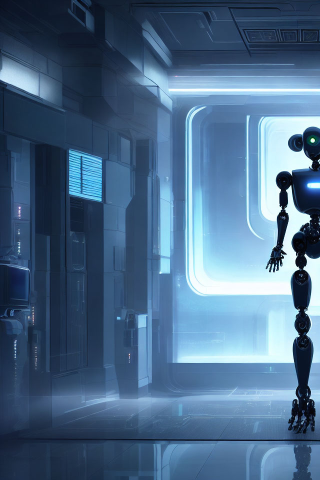 Futuristic robot in illuminated corridor with reflective floors