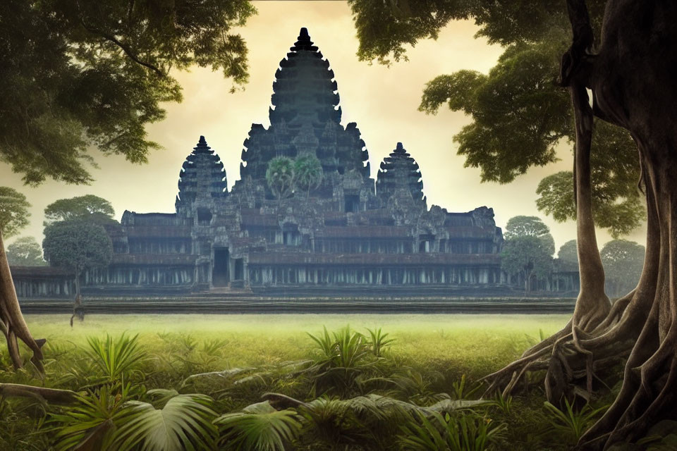 Ancient temple with intricate spires in lush setting with reflective water and mist.