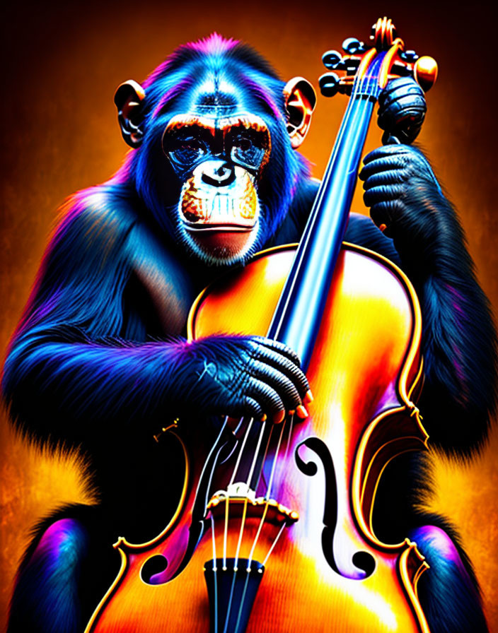 Colorful digital artwork: Chimpanzee playing cello in fiery backdrop