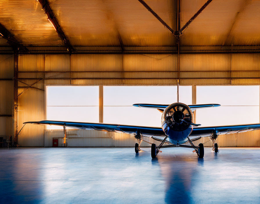 Vintage Airplane in Hangar with Sunlight Streaming Through Large Windows at Sunrise or Sunset