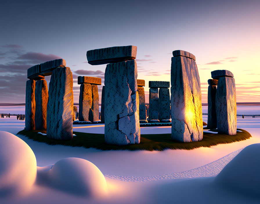 Stonehenge 3D Rendering: Tranquil Sunset with Soft Snow