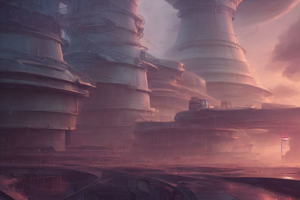 Futuristic cityscape with towering structures in a warm pinkish glow