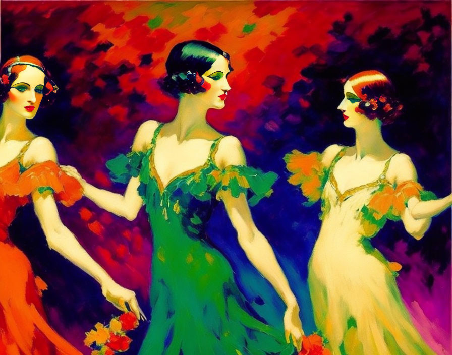 Vibrant vintage dresses on three women with abstract brushstrokes