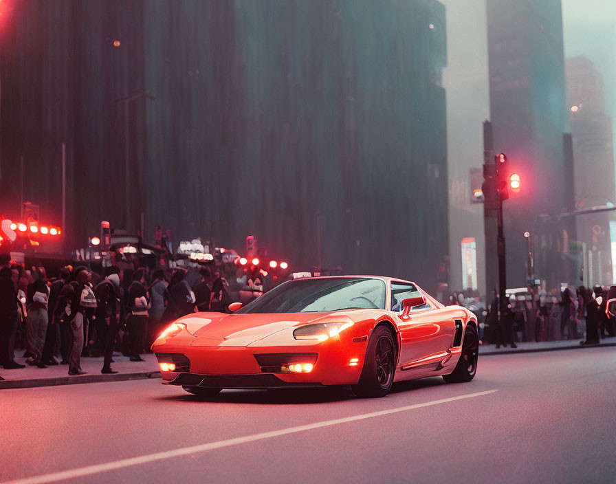 Red Sports Car Parked on City Street at Dusk with Blurred Background Buildings and Traffic Lights