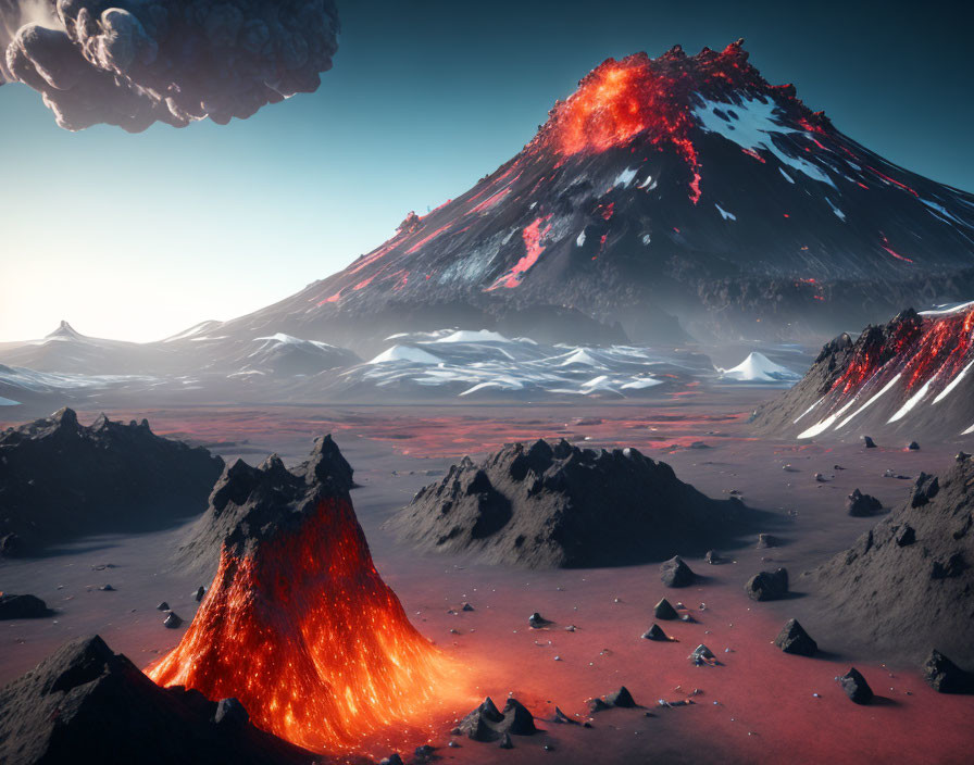 Volcanic eruption with lava flow in red sky landscape