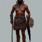 Digital illustration of a person in tribal attire with swords & fierce expression