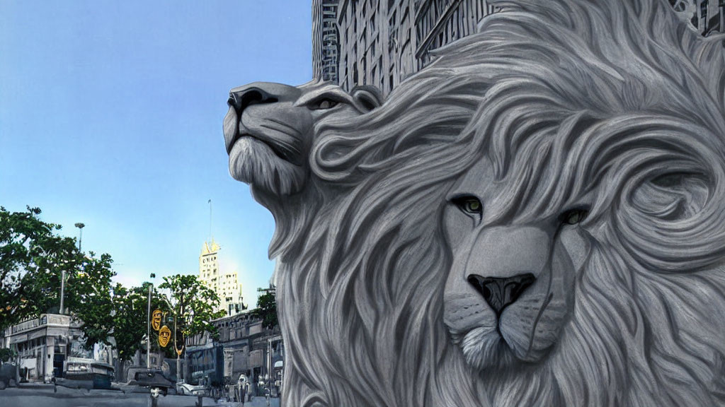 Monochrome mural featuring majestic lions in urban setting