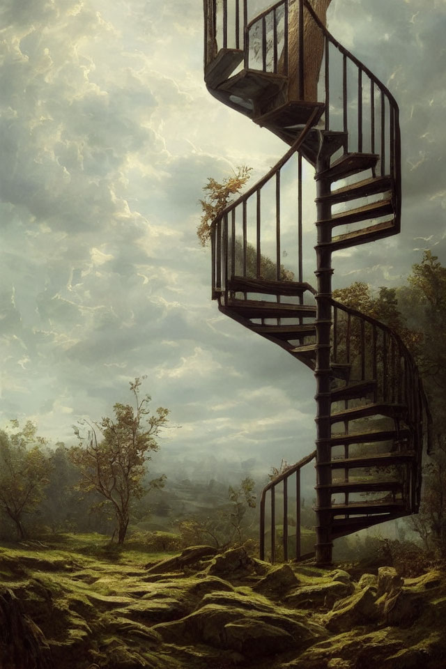 Spiral Staircase in Tranquil Landscape under Cloudy Sky