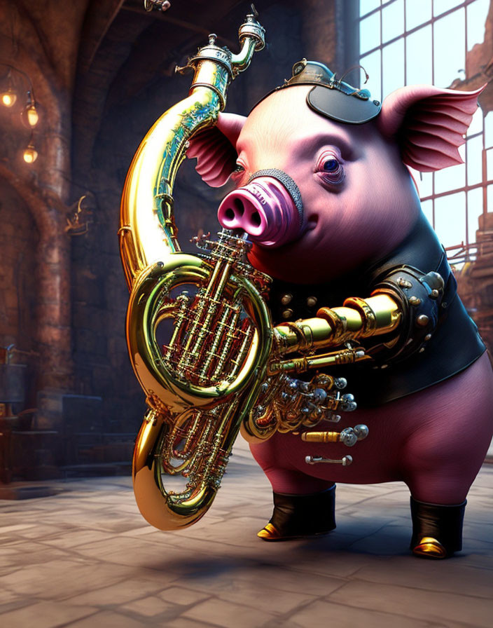 Medieval-themed anthropomorphic pig playing ornate saxophone