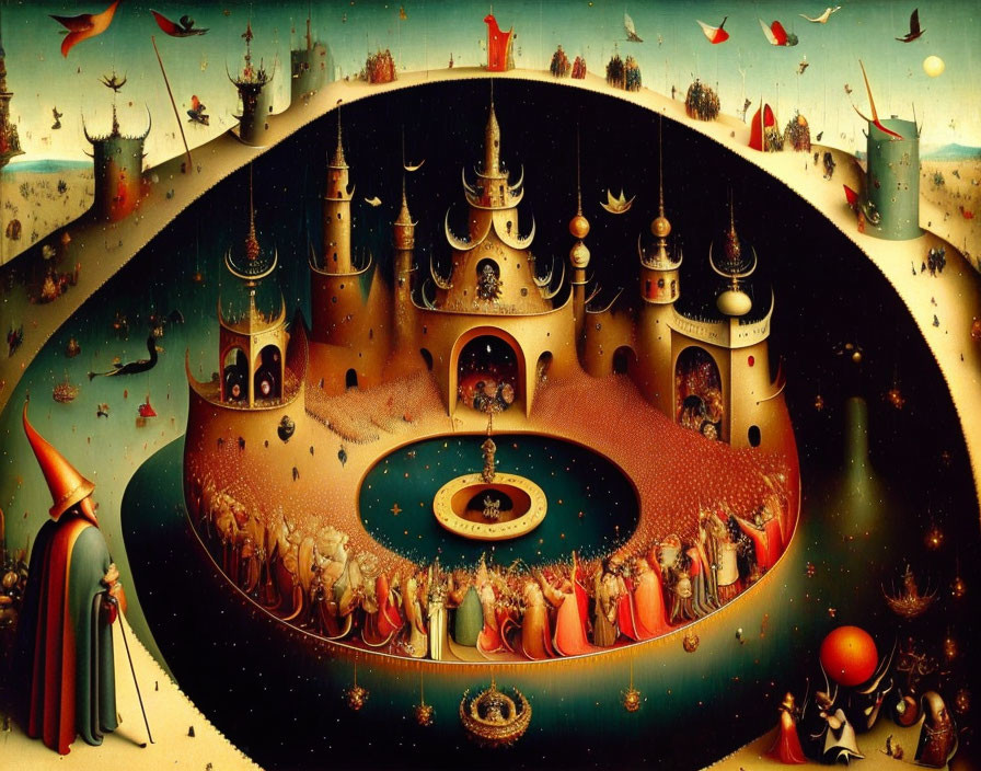 Surrealist painting of circular fantasy landscape with towers and robed figures