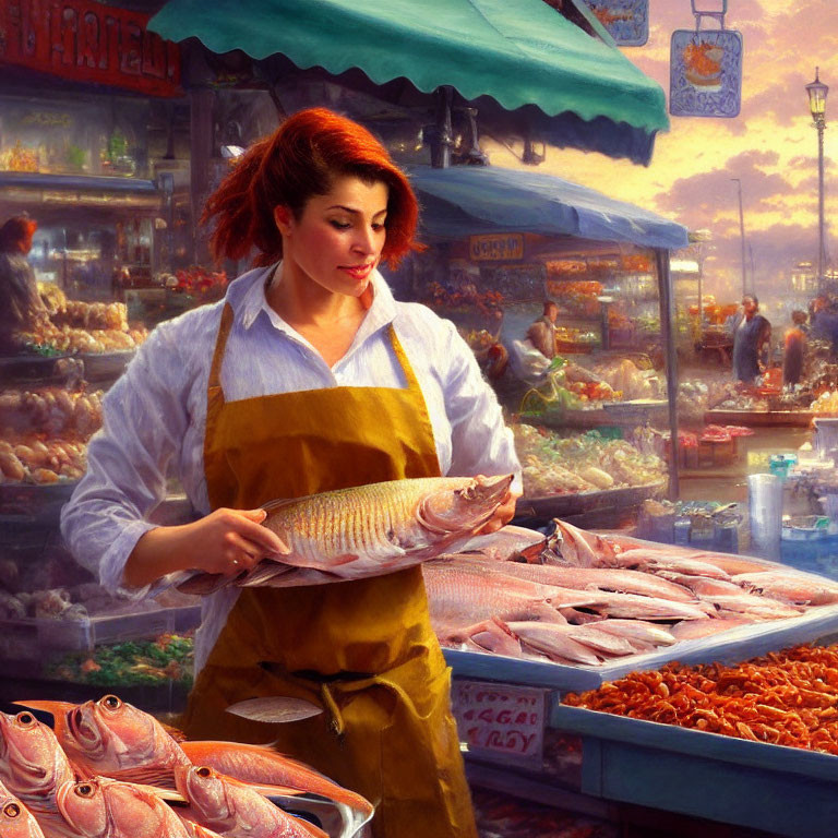 Woman in Yellow Apron Holding Fish at Seafood Market Stall