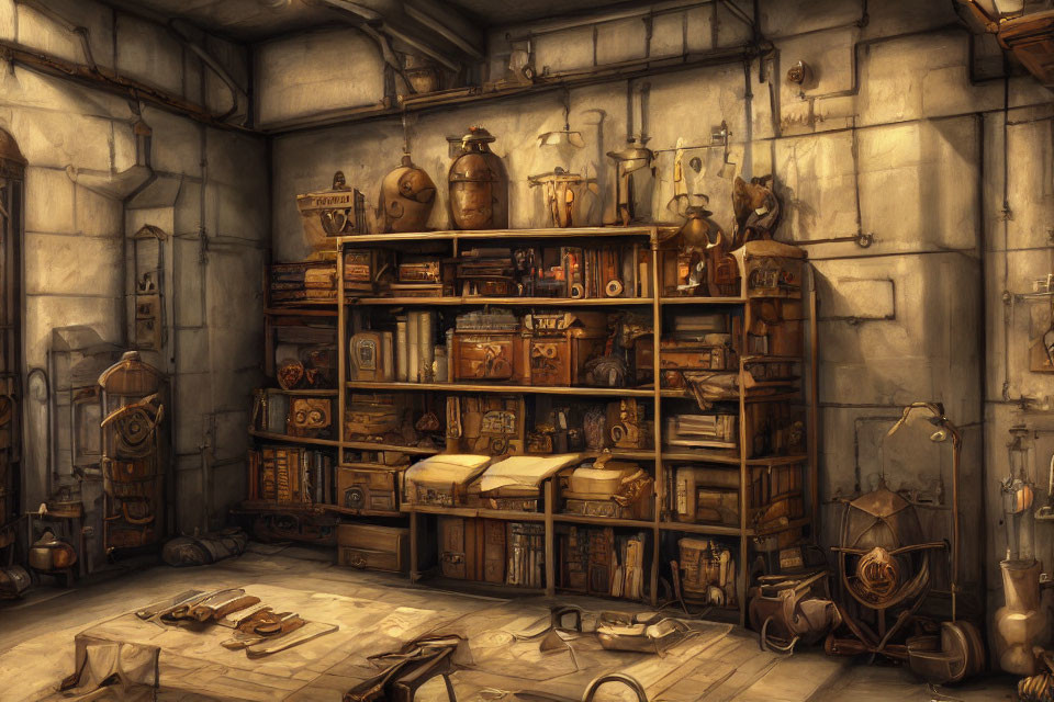 Dimly-lit Workshop with Cluttered Bookshelf & Alchemy Artifacts