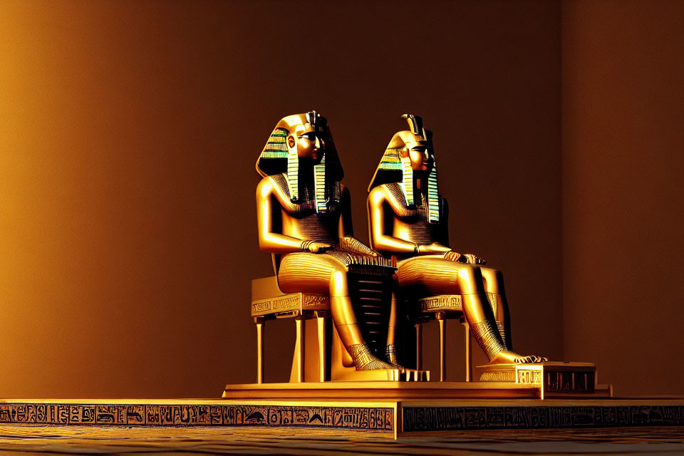 Ancient Egyptian golden statues on thrones with hieroglyphics on base