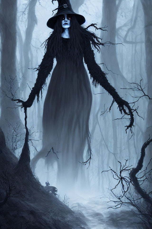 Eerie tall figure in black cloak in foggy forest