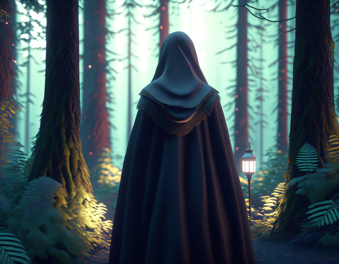 Mystical forest scene with cloaked figure and lantern