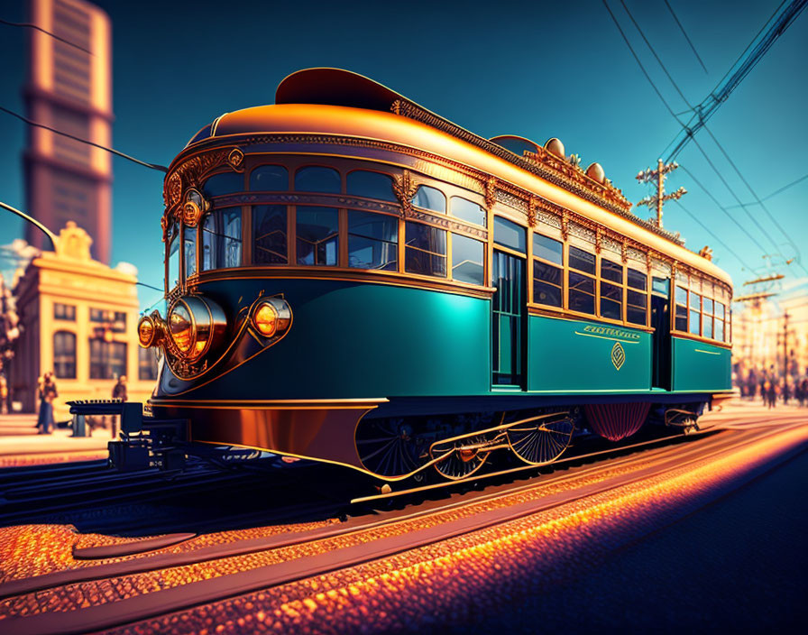 Vintage teal tram on city tracks at sunset with warm lighting and ornate details