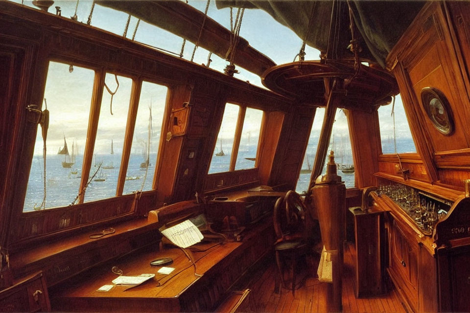 Vintage Ship's Bridge with Wooden Interiors, Helm, Maritime Instruments, Maps, and Sea View