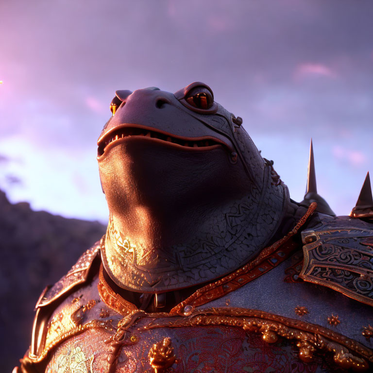 CG animated toad in ornate armor against sunset sky