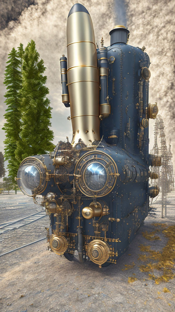 Steampunk-style locomotive with rocket on tracks in industrial landscape