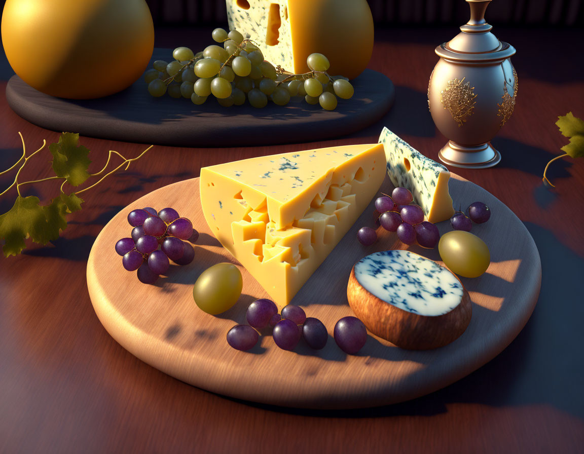 Assorted cheeses and grapes on wooden board with vase, set on table with warm lighting