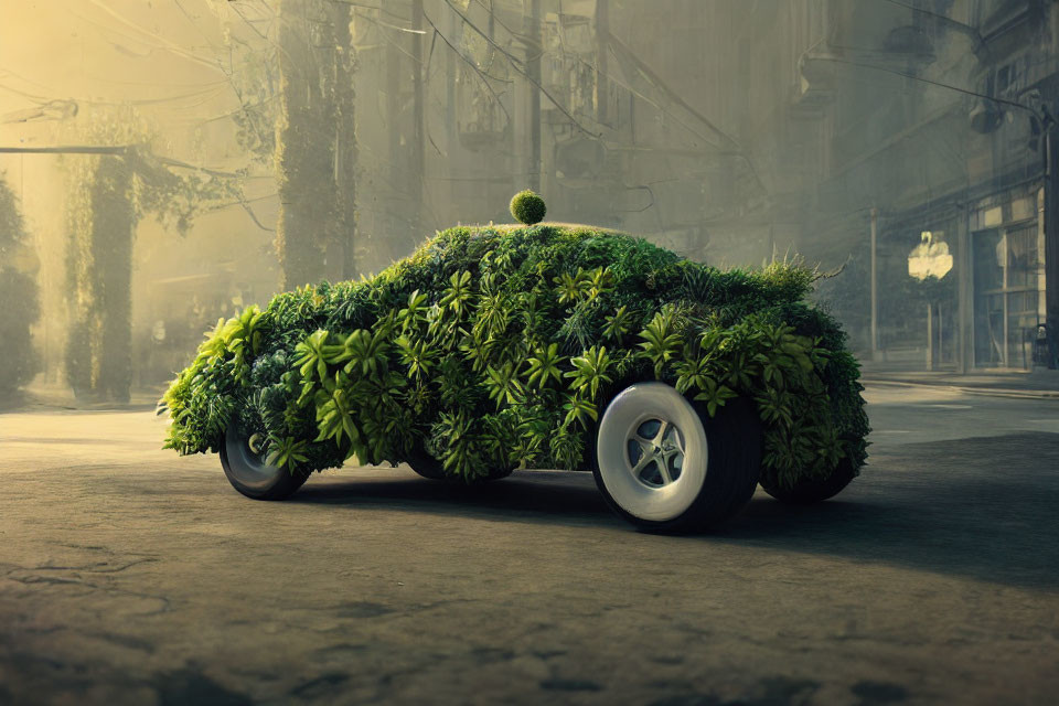 Green Plant-Covered Car on Urban Street with Eco-Friendly Theme