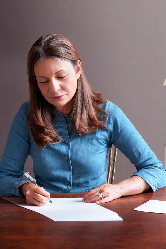 Woman in Blue Shirt Writing at Table in Concentration