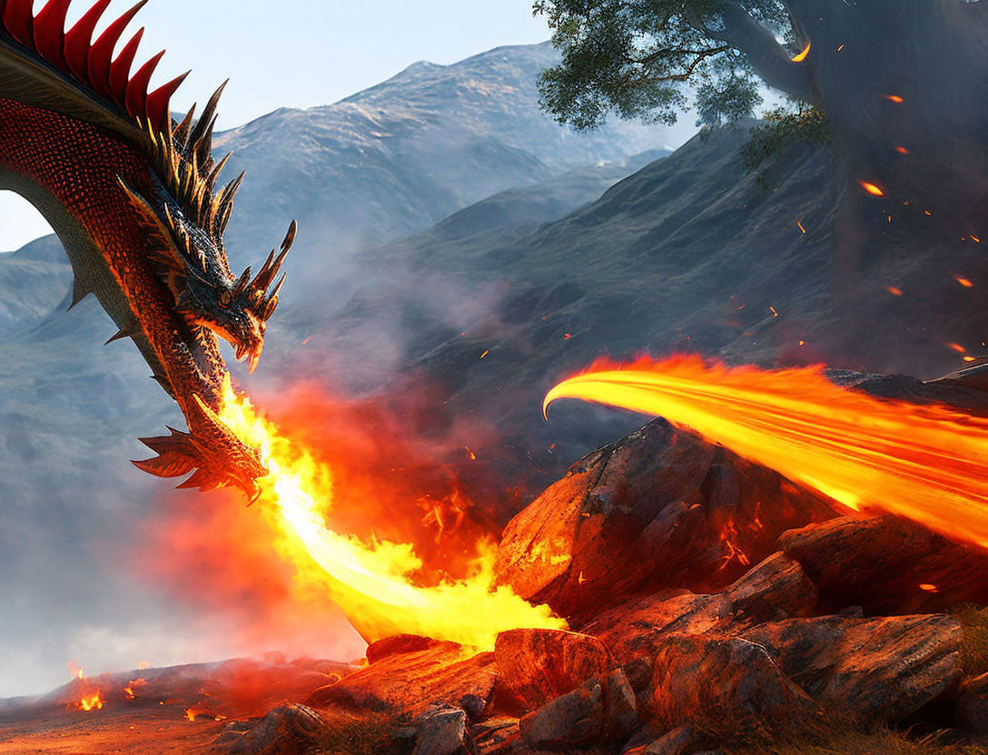 Red Dragon Breathing Fire in Rocky Mountain Terrain