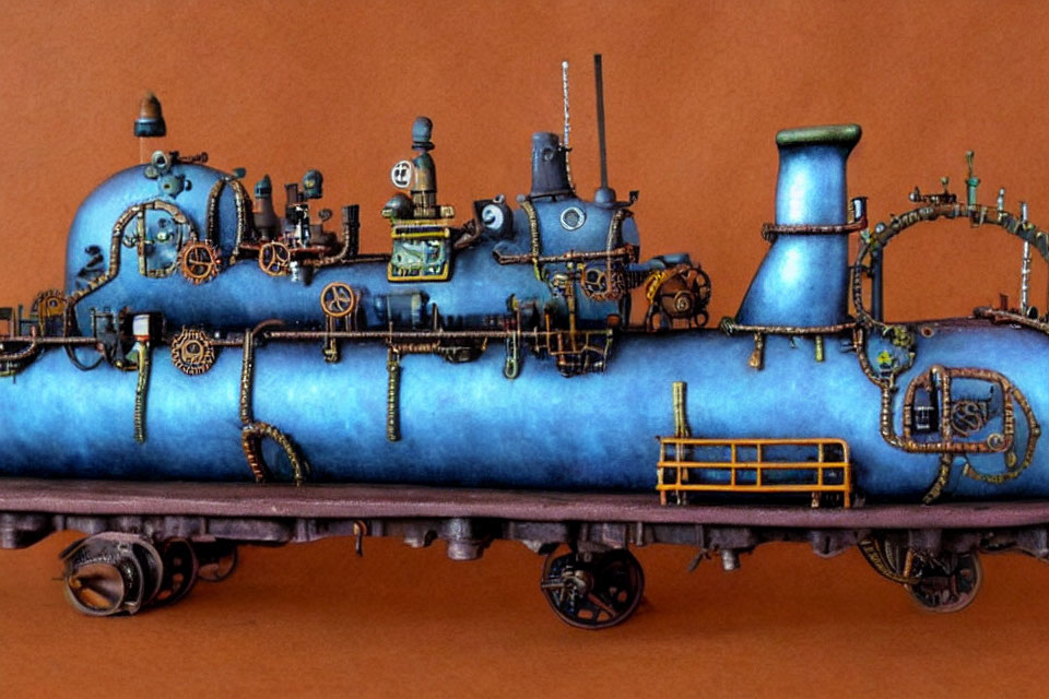 Intricate Steampunk Submarine Miniature on Brown Background