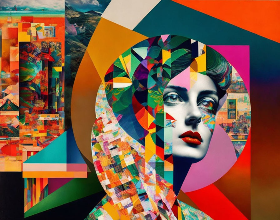 Colorful geometric overlay on woman's face with abstract urban imagery