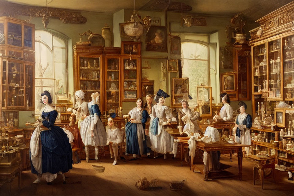 19th-Century Interior Painting with Women and Children in Period Attire