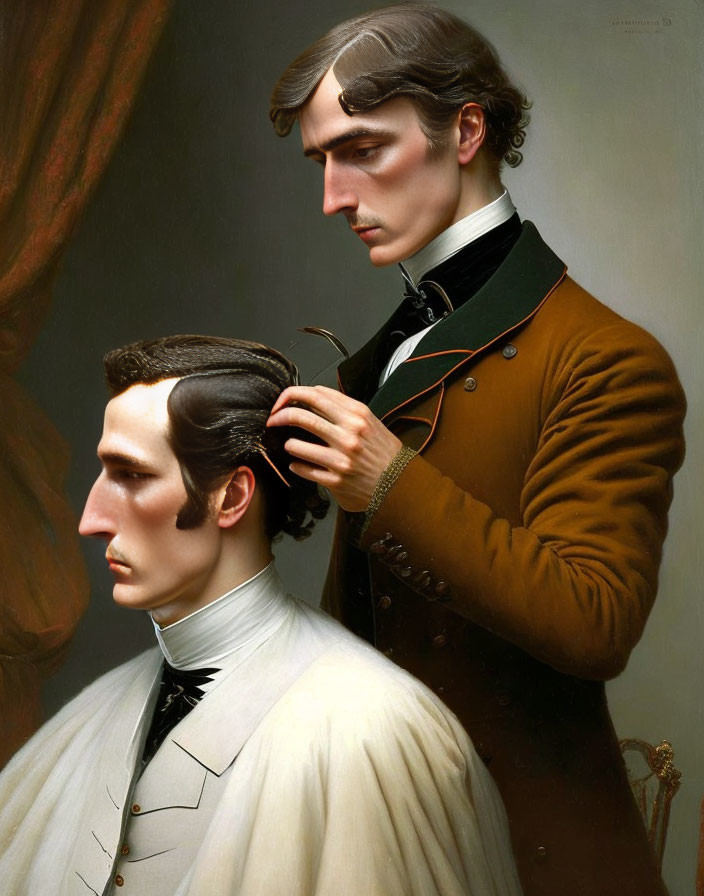 Victorian-era men in intense gaze and attire