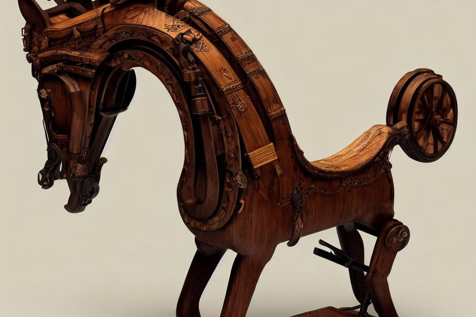 Intricate Wooden Rocking Horse with Ornate Carvings