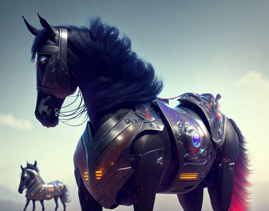 Digital artwork featuring two mechanical horses with armor plating and glowing elements against a natural backdrop