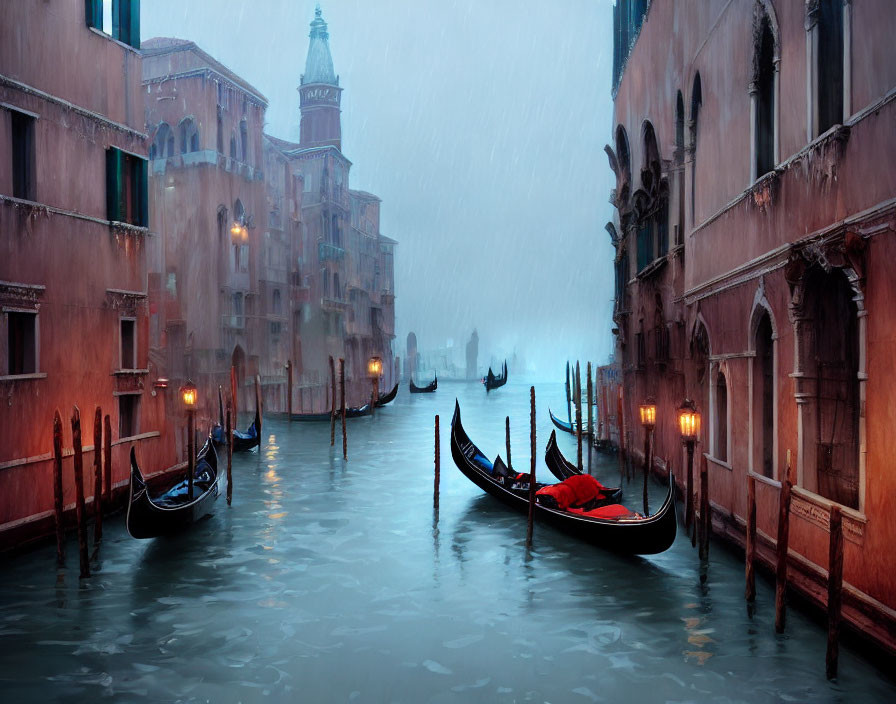 Venice canal with gondolas and buildings in blue mist and rain