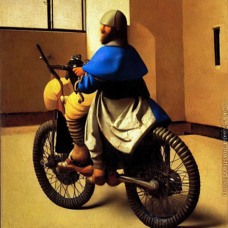 Surrealist artwork: Knight in armor on modern motorcycle in Renaissance-style room