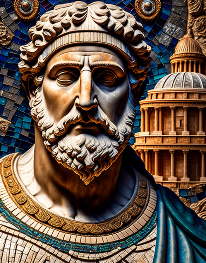 Bearded Male Figure Statue Against Blue Mosaic Background