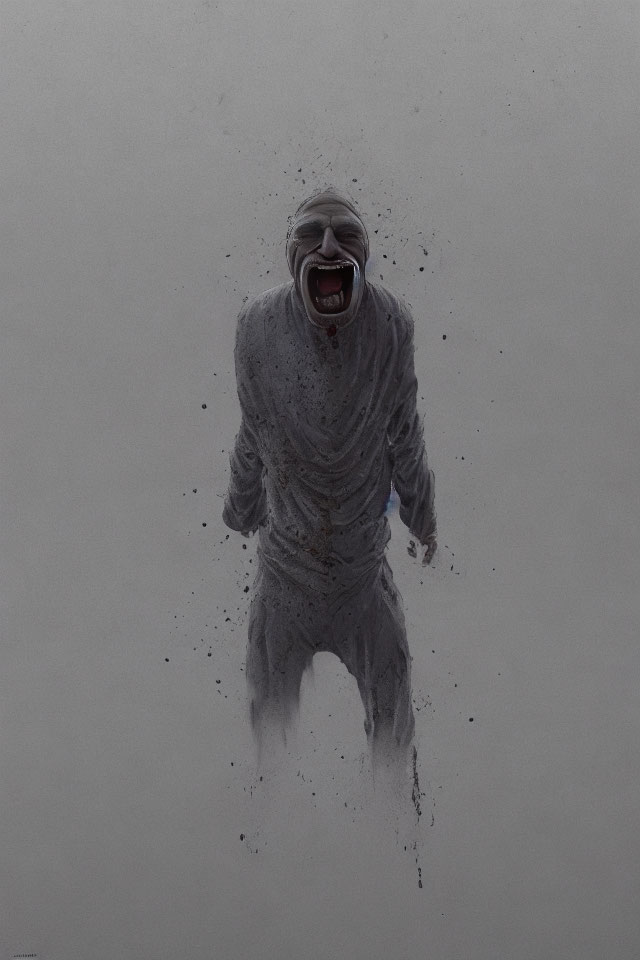 Monochromatic artwork: Figure disintegrating in scream on dark backdrop