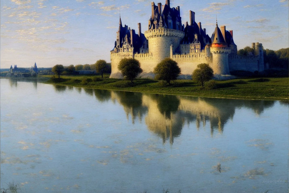 Majestic castle by reflective river in serene landscape