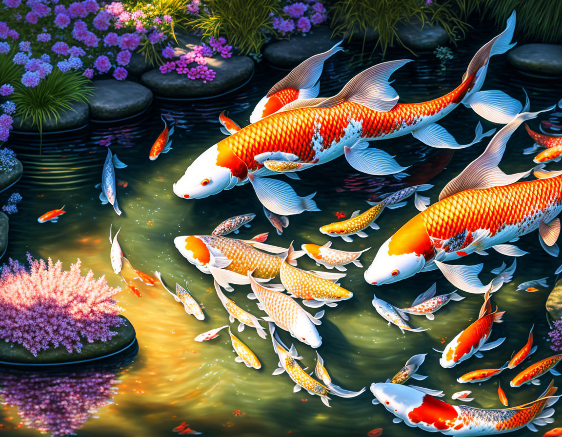 Colorful koi fish in serene pond with lily pads and flowers