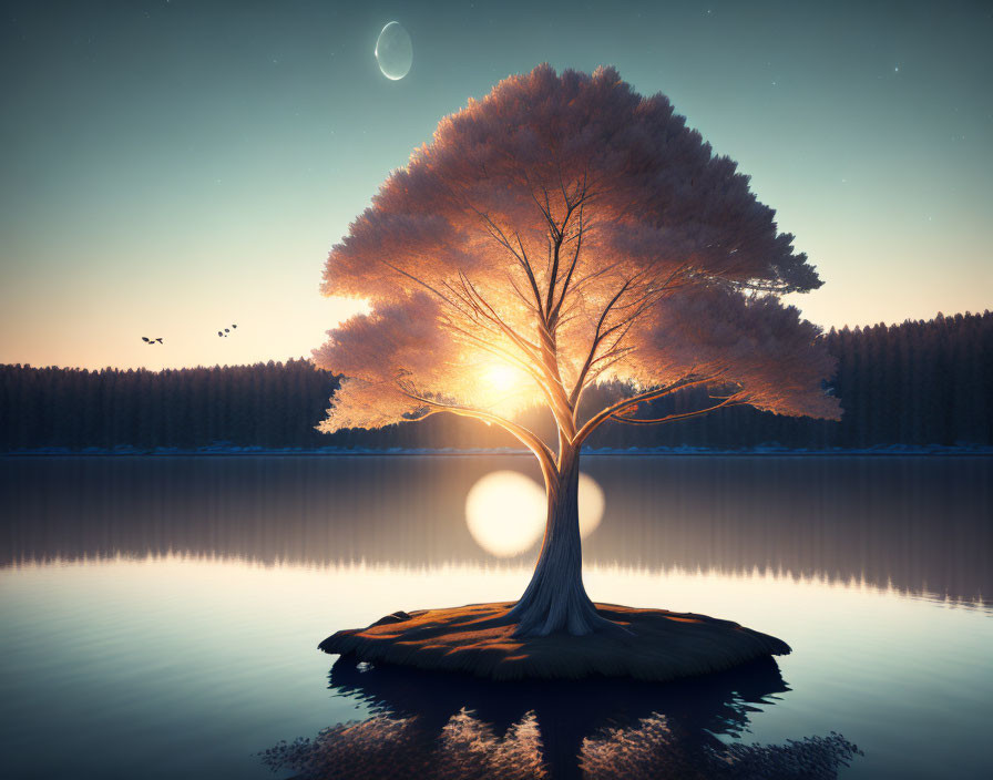 Tranquil dusk scene: glowing tree on island, crescent moon, birds, reflective lake