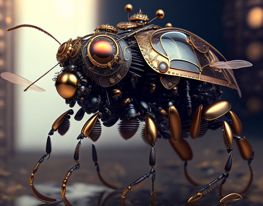 Steampunk-style mechanical insect with propeller-like wings in golden-lit setting