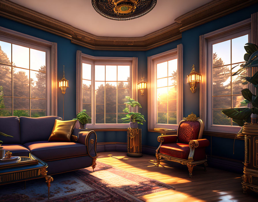 Sophisticated living room with blue sofa, red armchair, sunset view windows, ornate ceiling